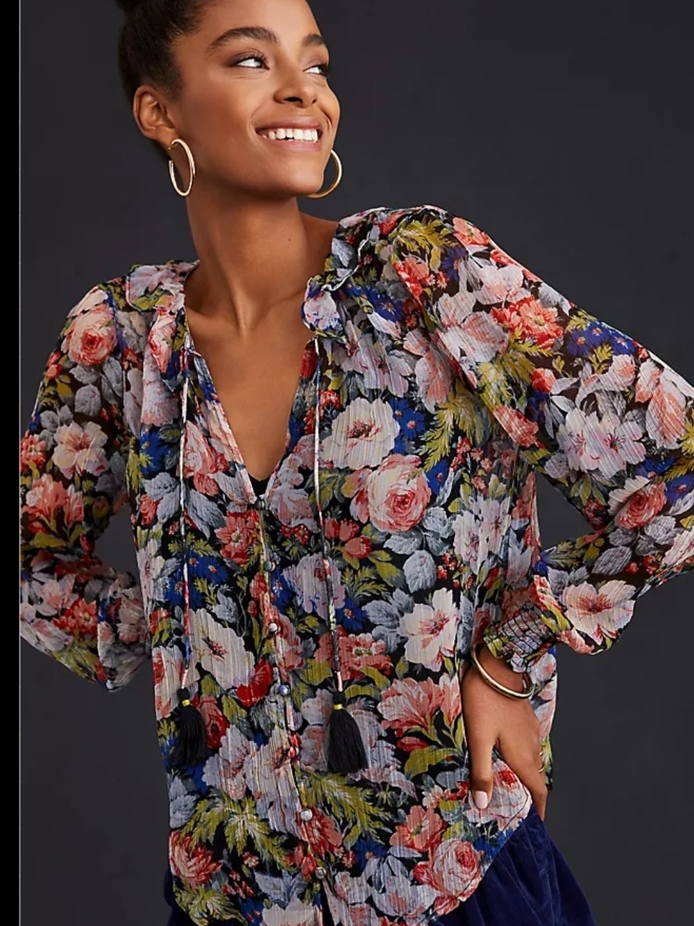 Anthropologie Navy Multi Floral V-Neck Tie Blouse
